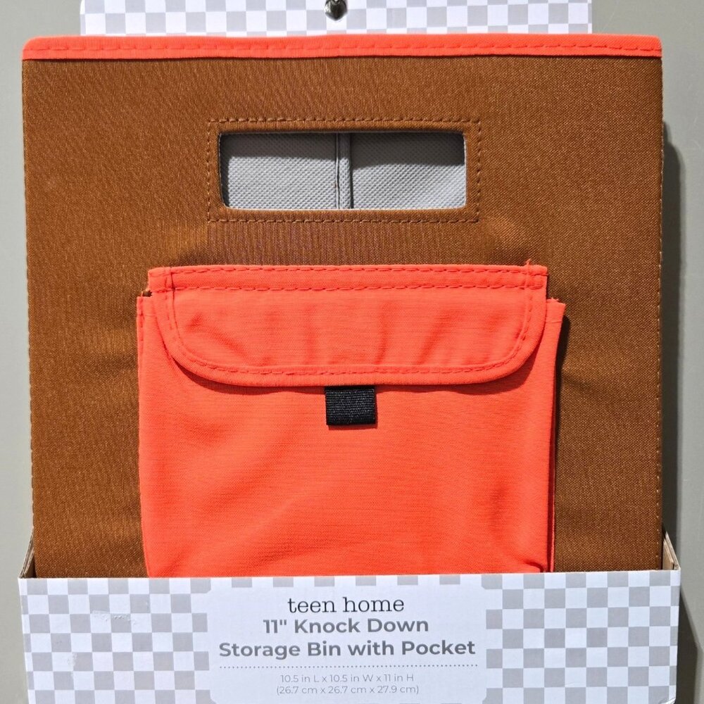 Teen Home 11" Brown & Orange Trim Knock Down Cubby Storage Bin w/ Front Pocket